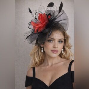Elegant Black and Red Fascinator Kentucky Derby Church Tea Formal Headwear Hat